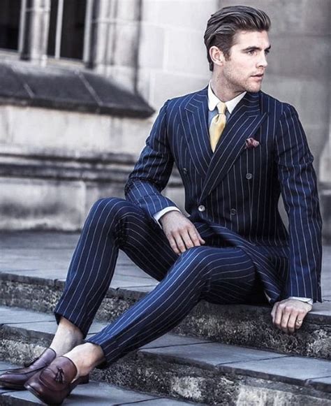 blue pinstripe suit brown shoes.